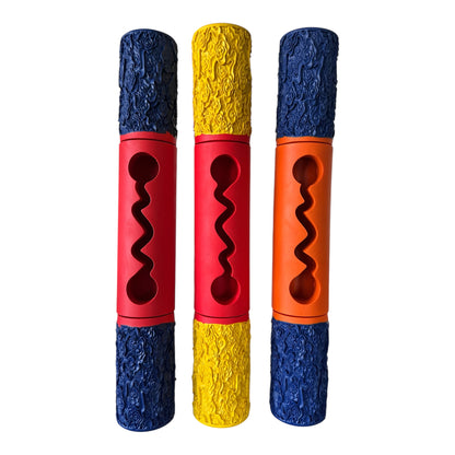Three flare shaped dog toys in red/blue, red/yellow and orange/blue