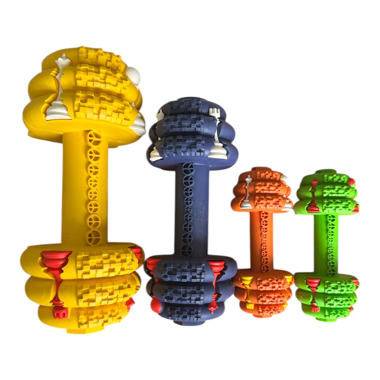 Set of four colorful dumbbell-shaped dog toys on a white background