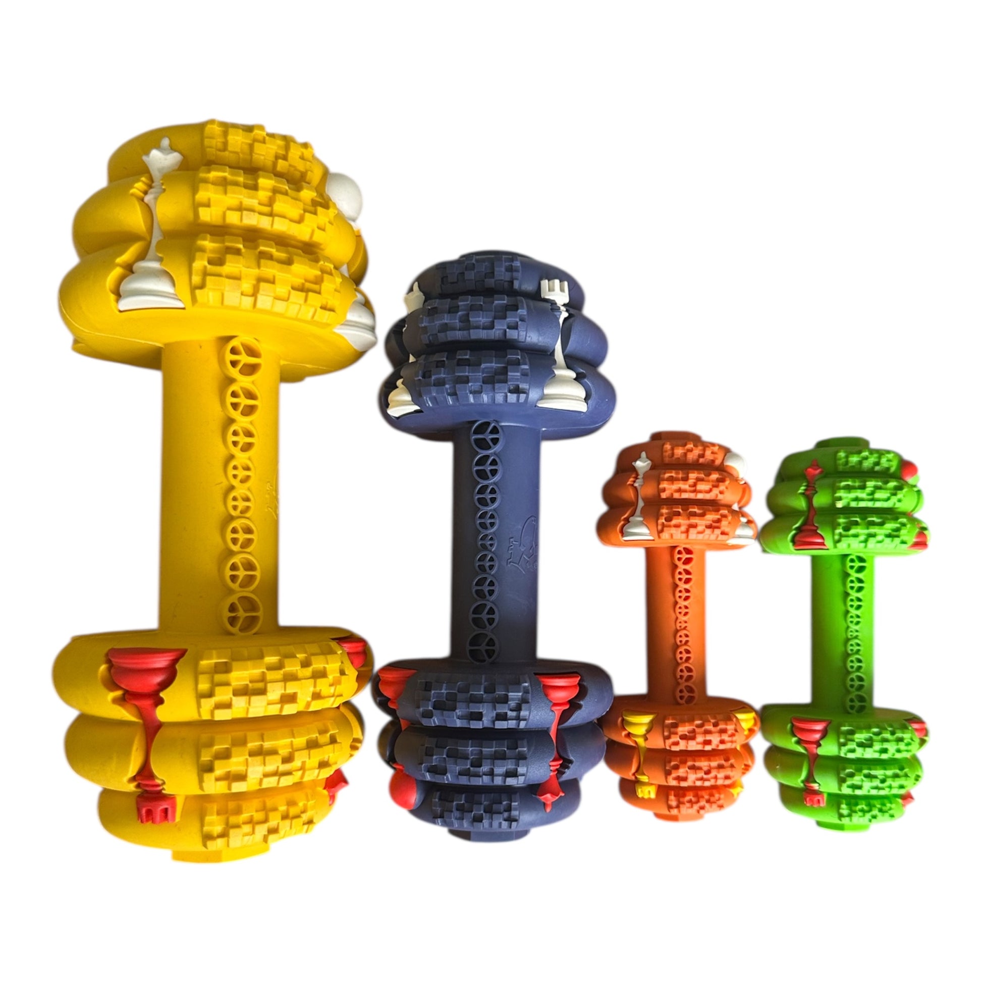 Set of four colorful dumbbell-shaped dog toys on a white background
