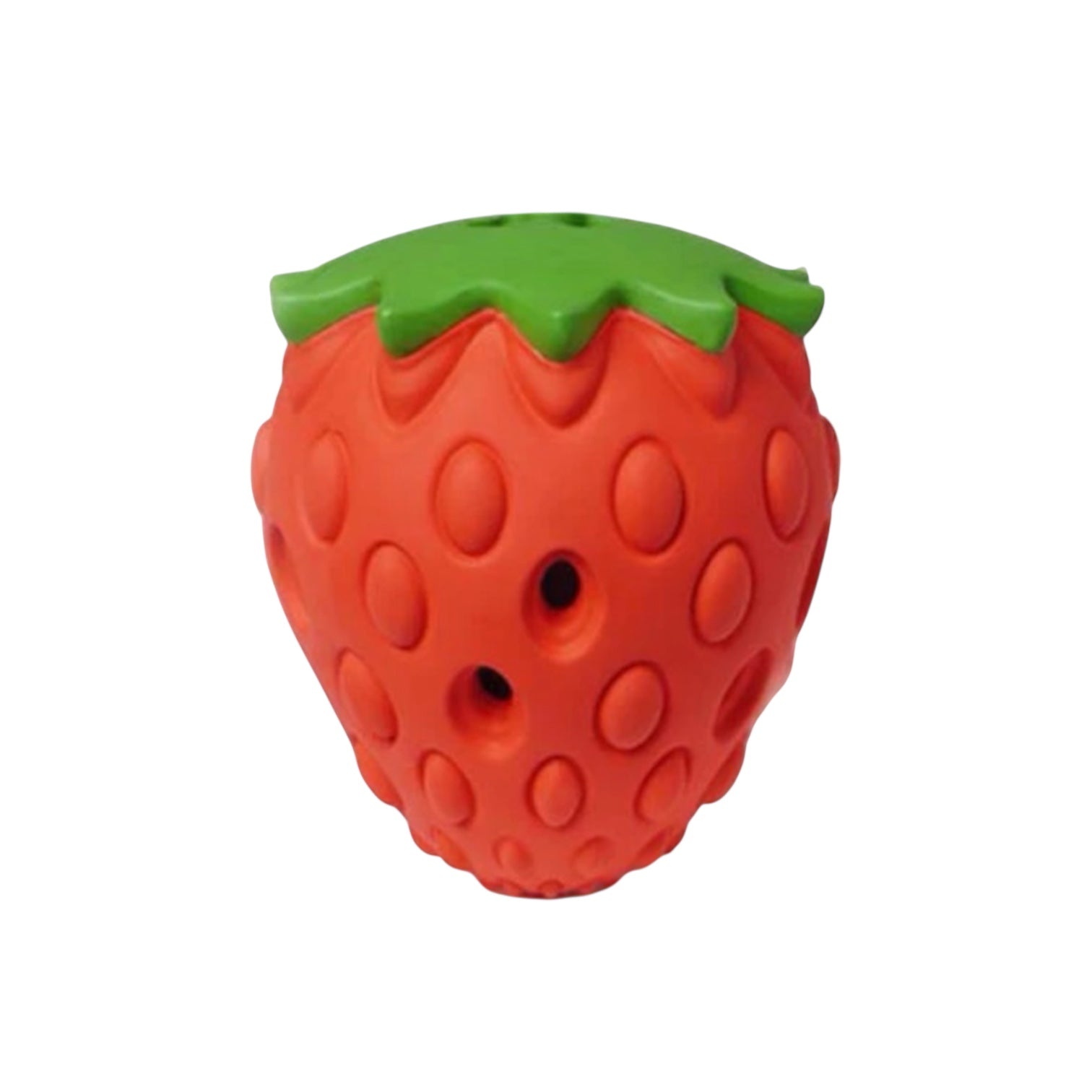 Strawberry-shaped red and green toy on a white background