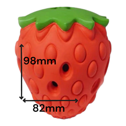 Strawberry-shaped toy with measurements on a white background