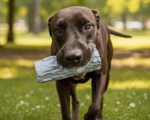 Dog holding a chew toy in its mouth outdoors