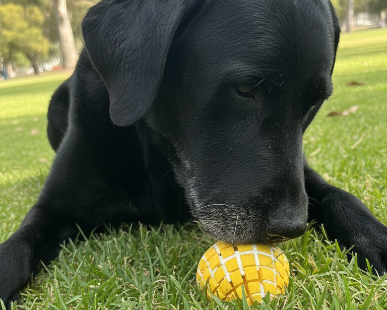 Black dog playing with a yellow toy Mango on grass