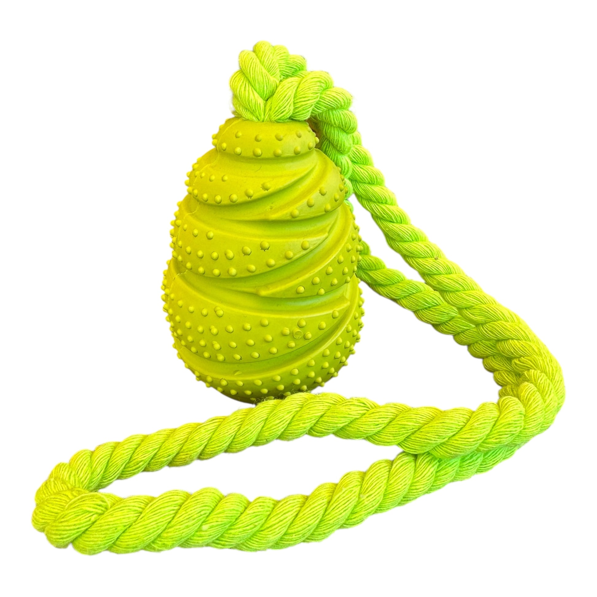 Neon green dog toy with textured ball and rope on a white background