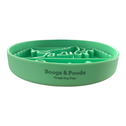 Side view of a green slow feeder bowl with 'Boogs & Poods' branding, on a white background