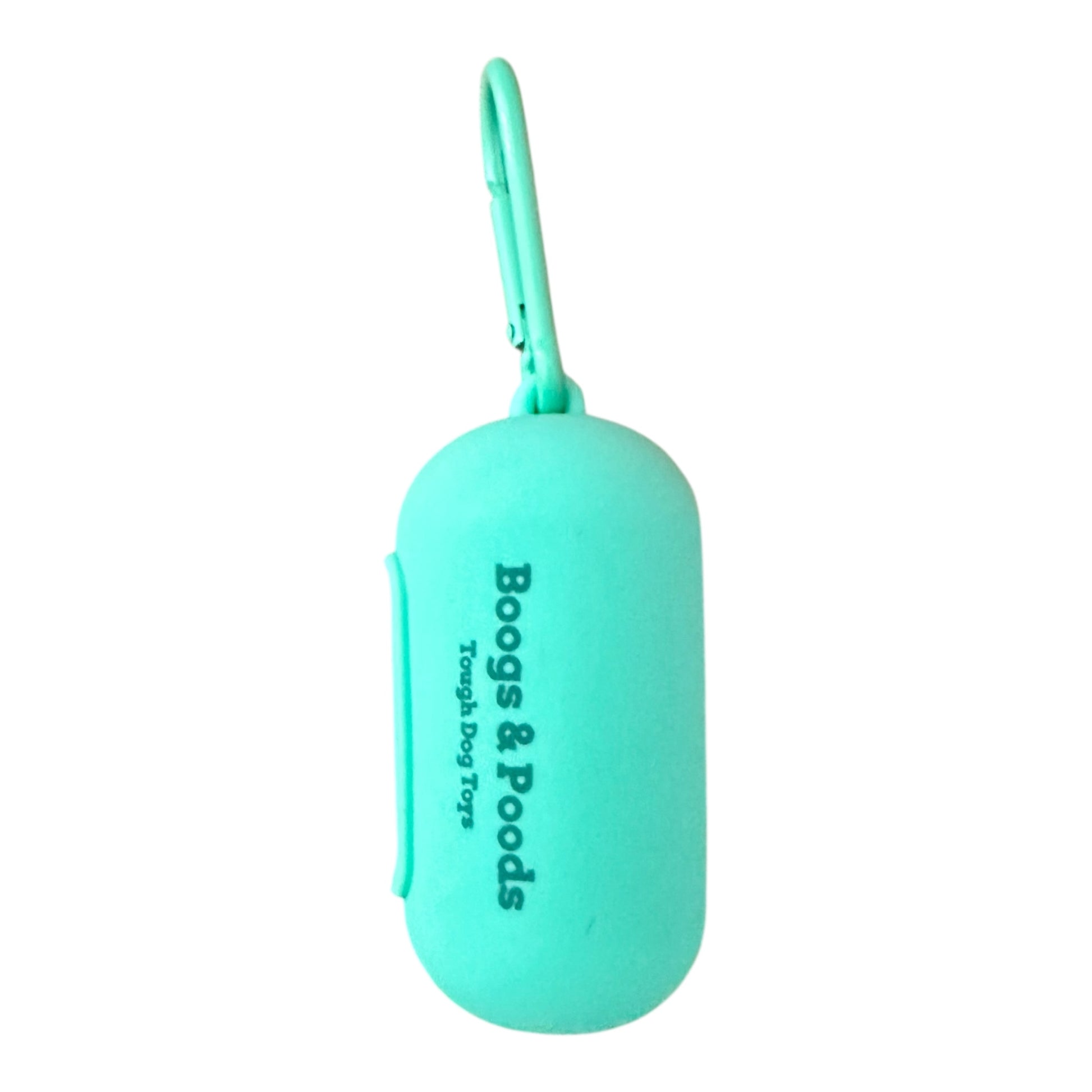 Green silicone portable dog poo bag holder with 'Boogs & Foods' branding on a white background
