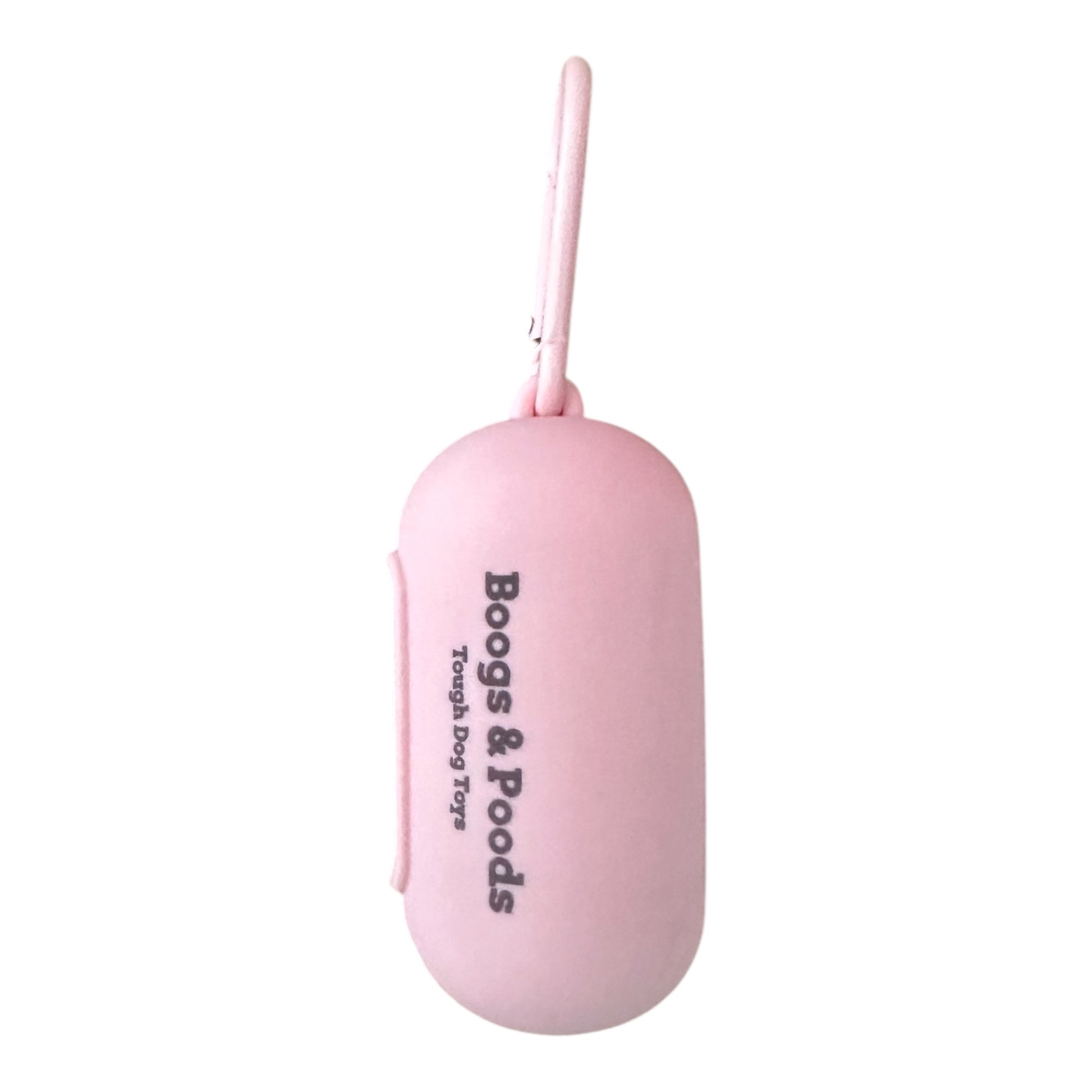 Pink silicone portable dog poo bag holder with 'Boogs & Foods' branding on a white background