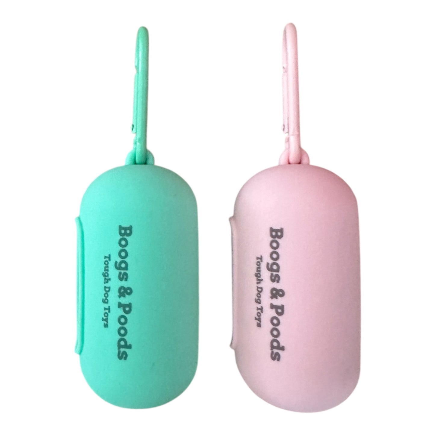 Two portable dog waste bags containers, one green and one pink, with 'Boogs & Poods' branding.