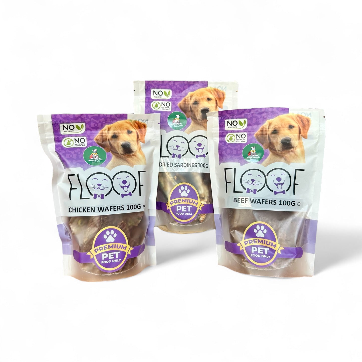 Three packages of Floof dog treats on a white background