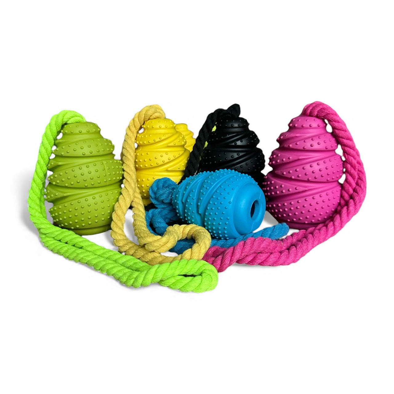 Five colorful dog toys with ropes on a white background