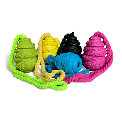 Five colorful dog toys with ropes on a white background
