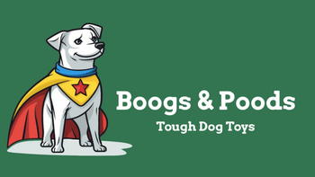Dog toy brand 'Boogs & Poods' with a cartoon dog in superhero costume on a green background