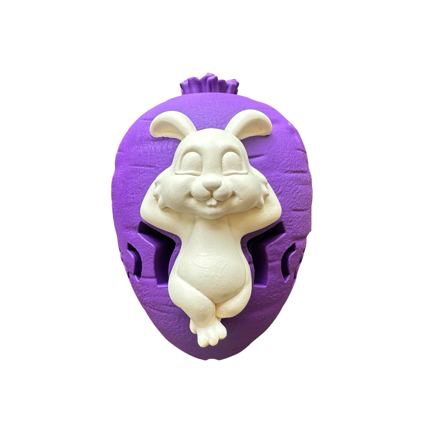 purple tough rubber dog chew toy in shape of carrot and bunny