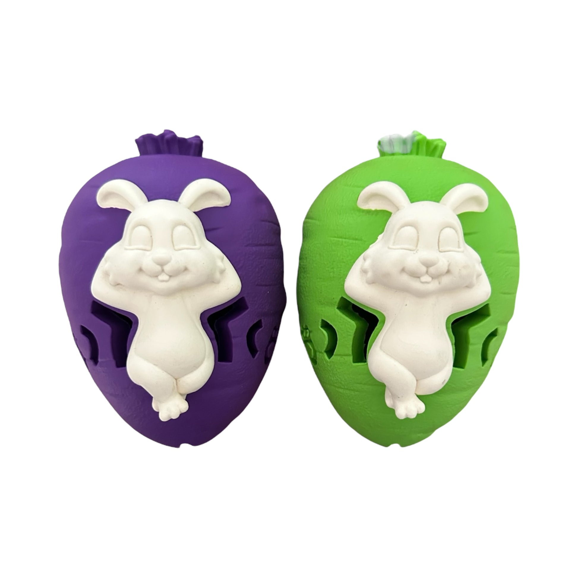 bunny rabbit and carrot chew toy made of natural rubber for dogs and puppies of all sizes and strengths