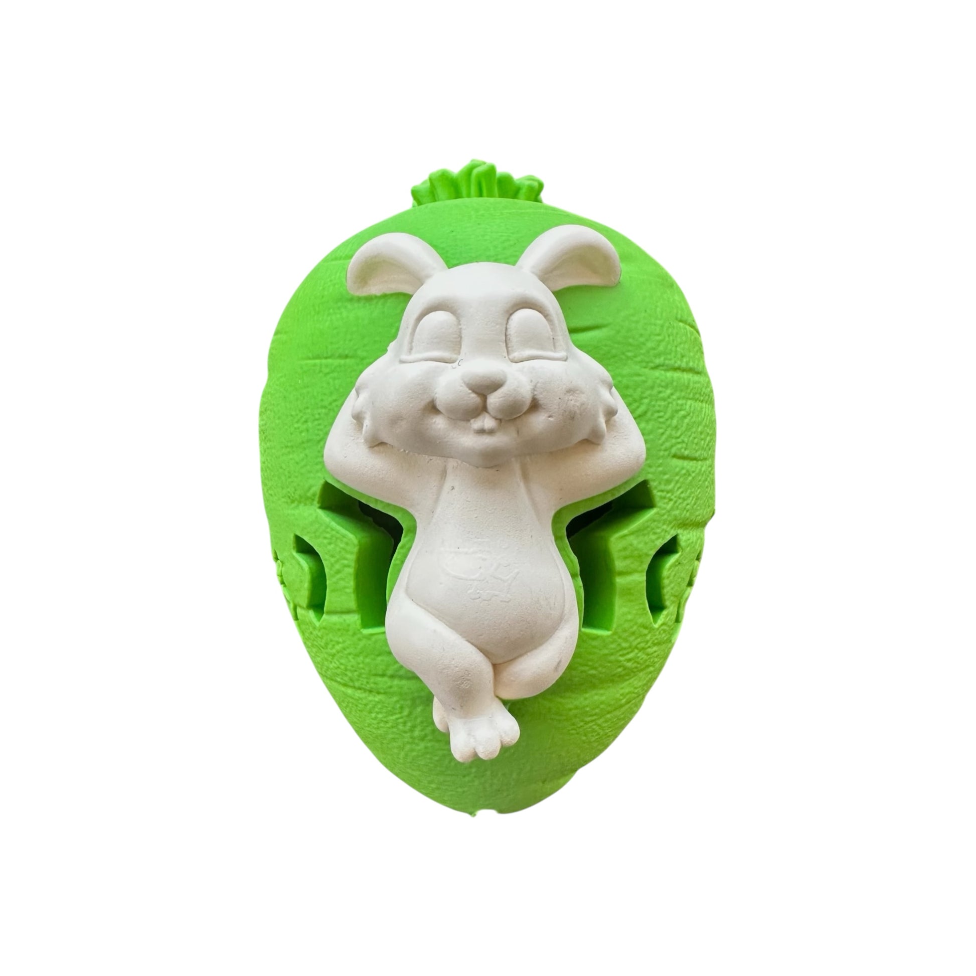 green tough rubber dog chew toy in shape of carrot and bunny
