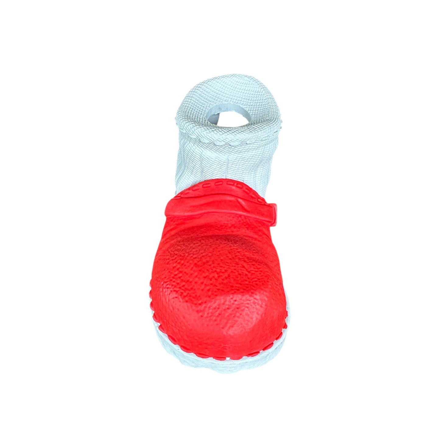 Red and white dog chew toy in the shape of a shoe that is made from strong and sustainable natural rubber.