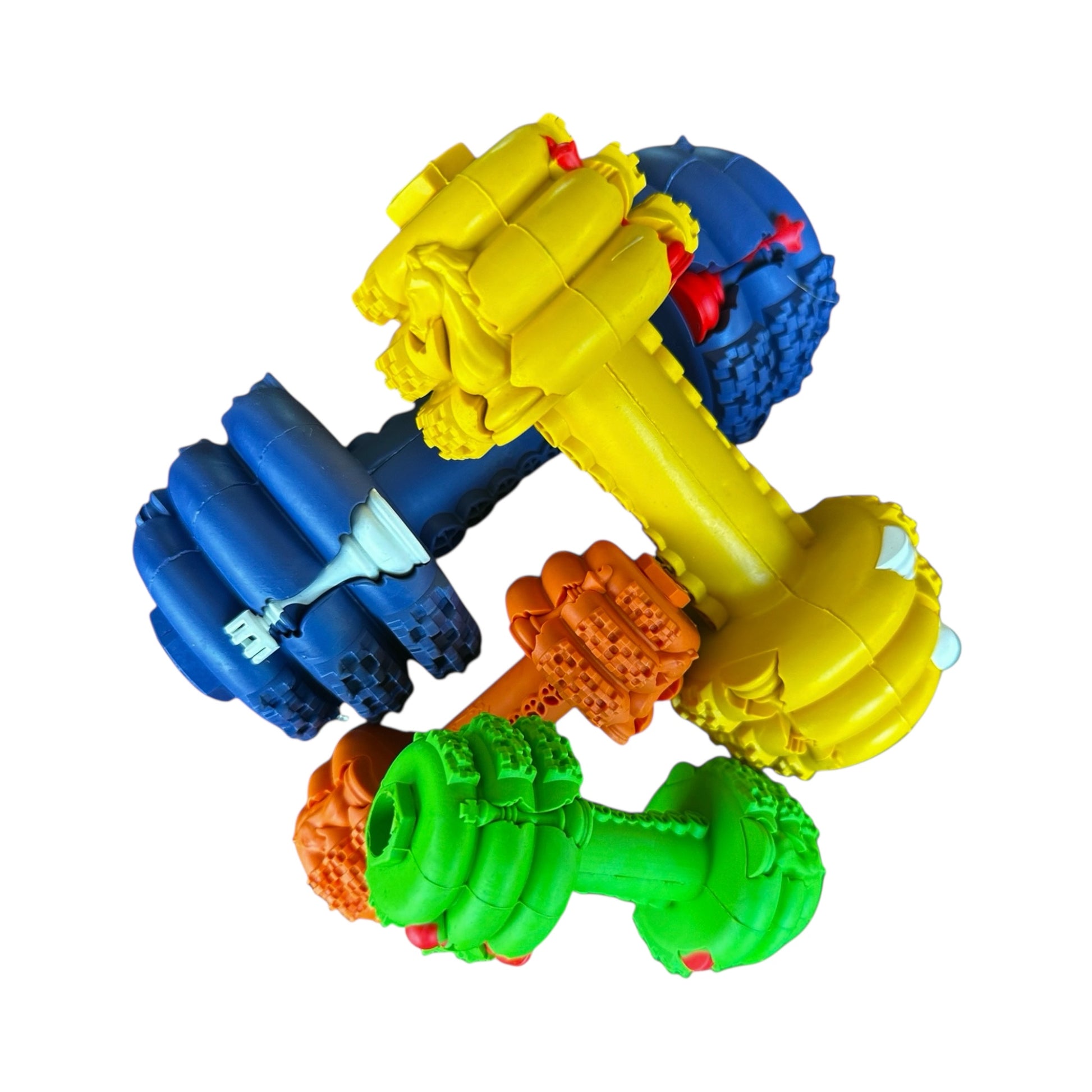 multicolour tough chew toy dumbbells for dogs of all sizes