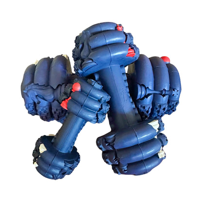 three tough rubber toy dumbbells for dogs of different sizes in blue