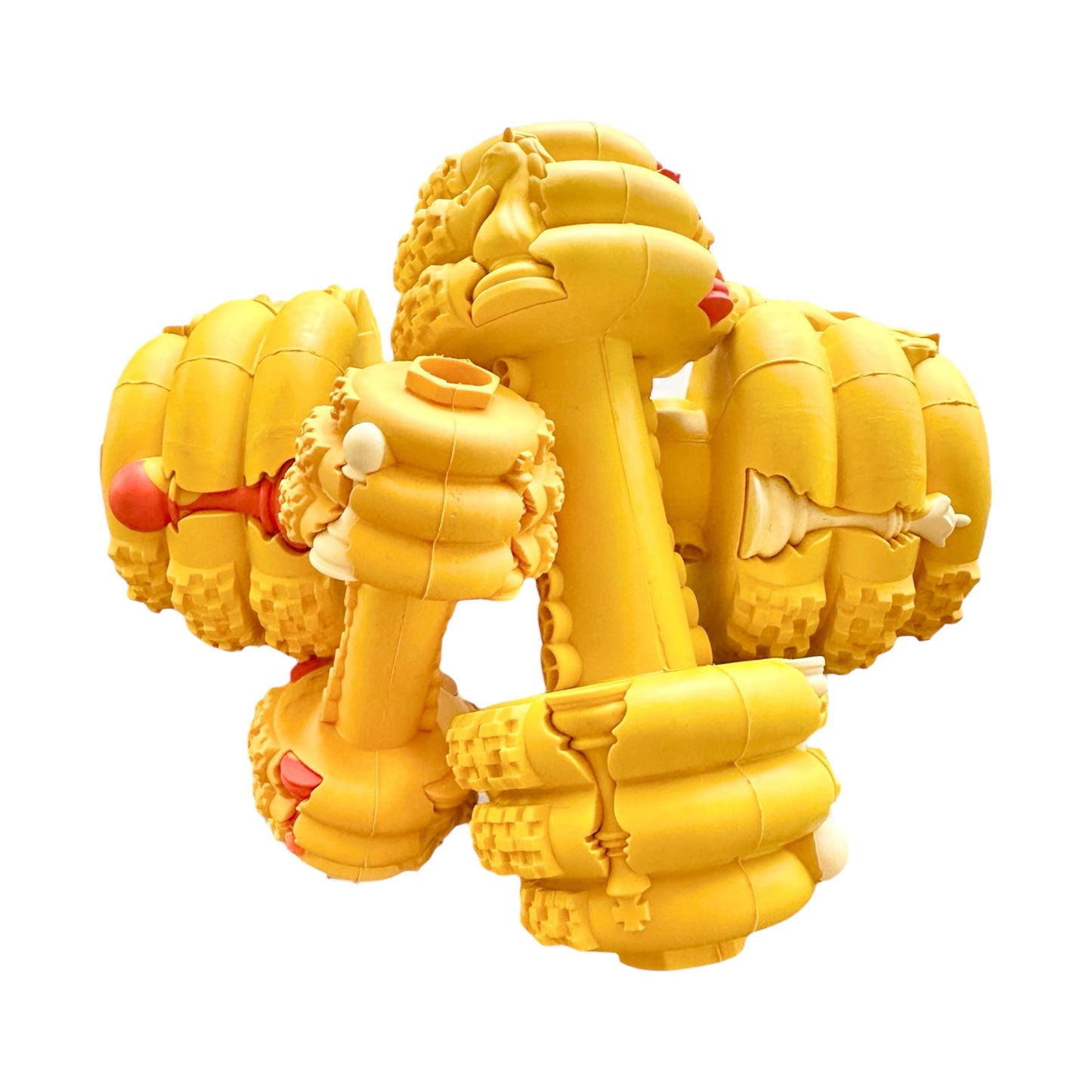 three tough rubber toy dumbbells for dogs of different sizes in yellow