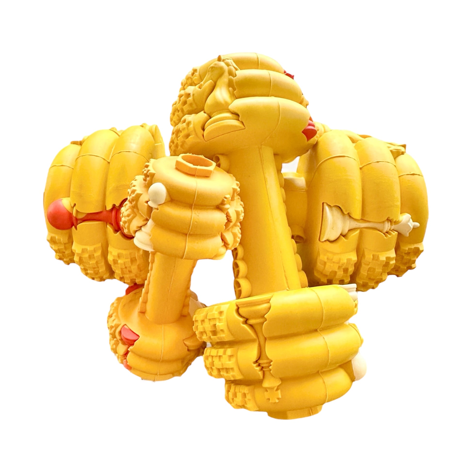 three tough rubber toy dumbbells for dogs of different sizes in yellow