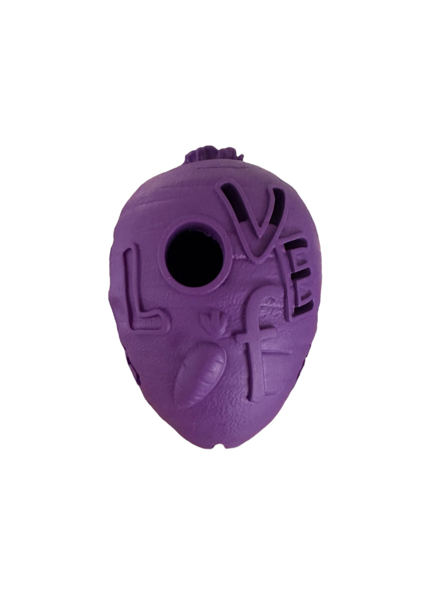 Purple rubber carrot dog chew toy seen from the back. There is a hole to hide treats.