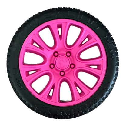Sturdy dog toy made out of natural rubber that looks like a wheel with a black tyre and pink rim.