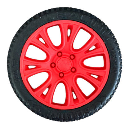 Red-rimmed tyre made out of rubber that is suitable for strong dogs to chew on. 