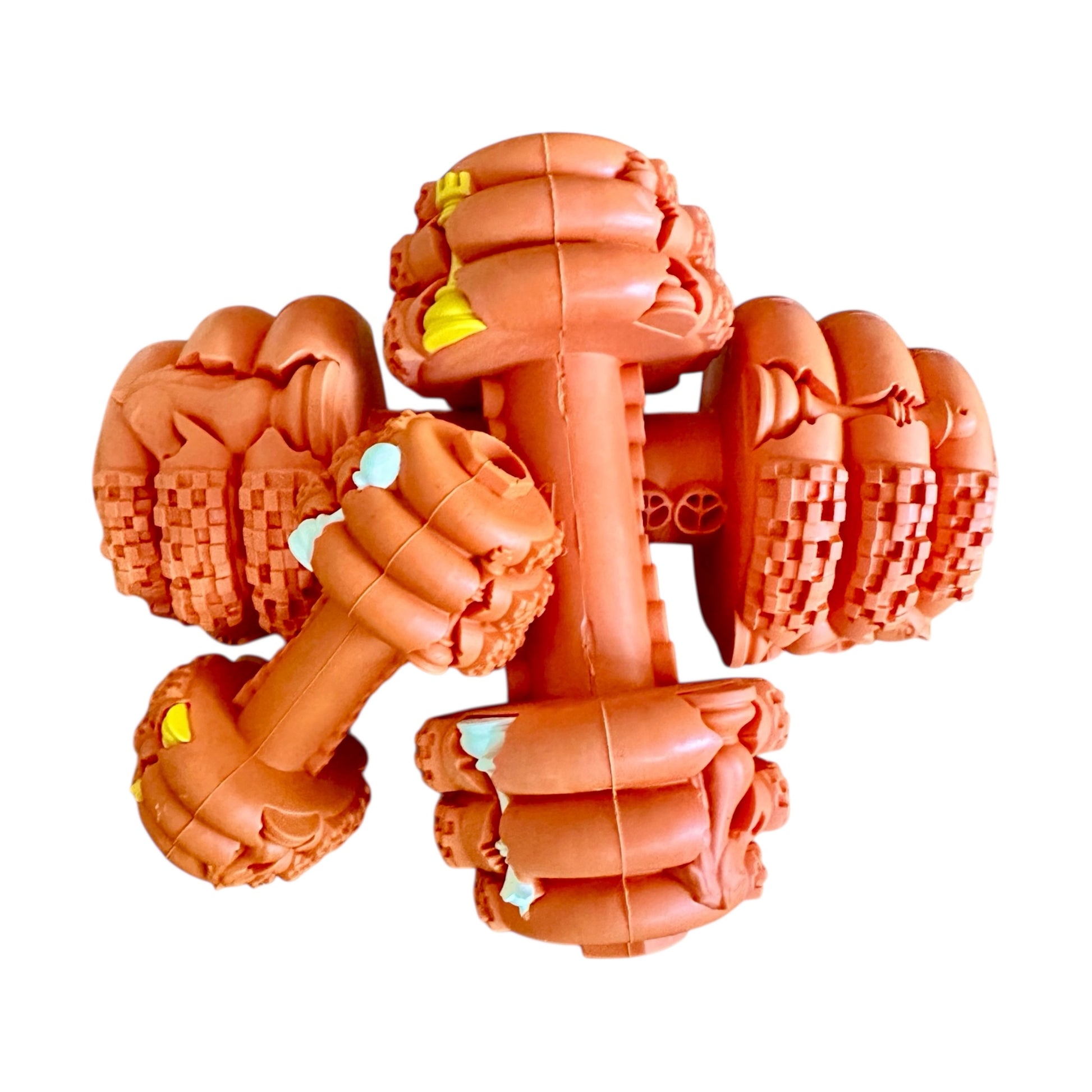 three tough rubber toy dumbbells for dogs of different sizes in orange