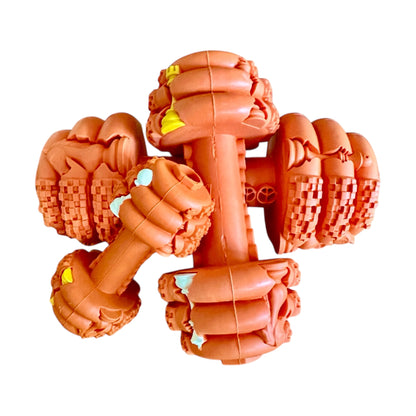 three tough rubber toy dumbbells for dogs of different sizes in orange