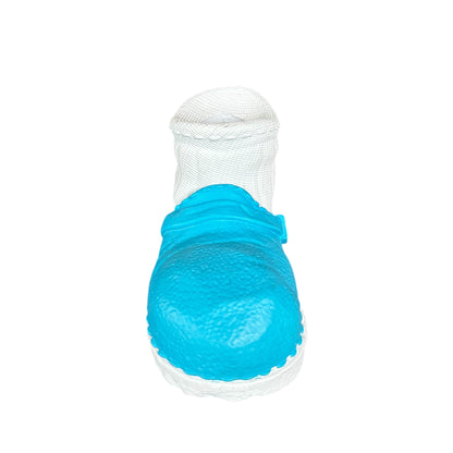 Blue and white dog chew toy that is made from natural rubber and can withstand the jaw of a strong dog.